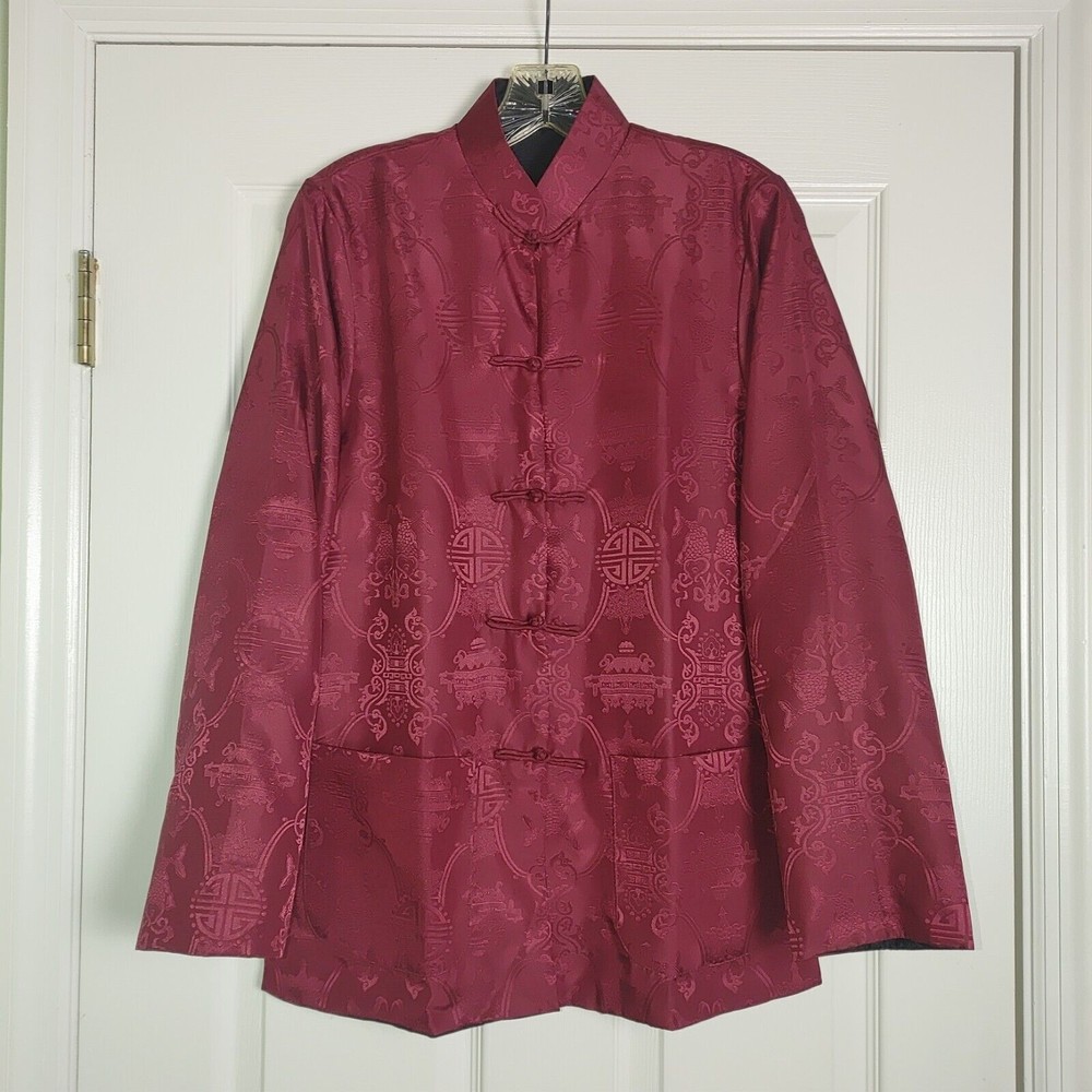 Asian Womens Jacket Size Medium Mandarin Collar Reversble Black Burgundy Brocade